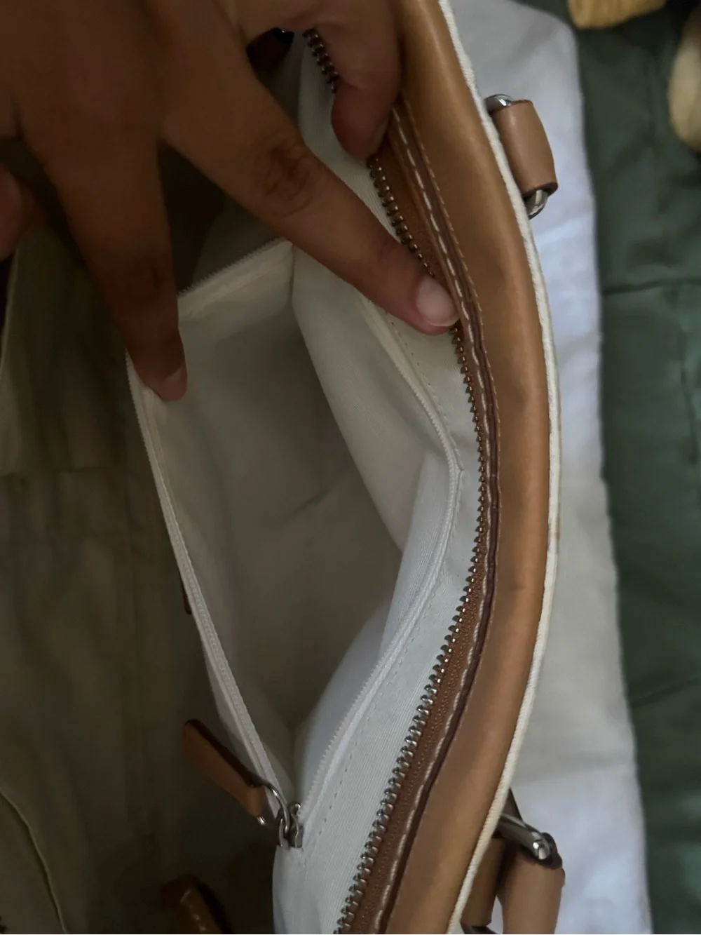 Coach Cream Shoulder Bag with Tan Leather Trim